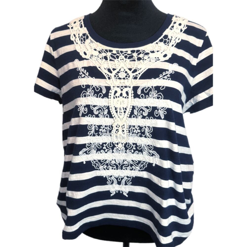 Blue Saks Fifth Avenue Striped Lace Top Women’s Medium Navy White Crochet Boho